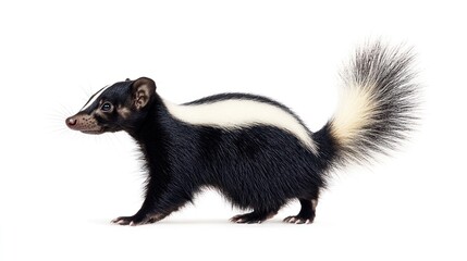 Obraz premium Skunk, side profile, on white background, shows black fur with white stripe and fluffy tail