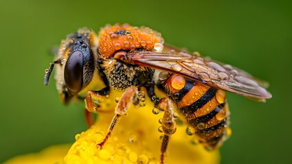 Fototapeta premium Macro a bee covered in water droplets, intricate details. The bee's body is a vibrant orang