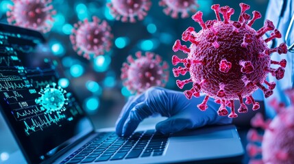 Healthcare worker analyzing global pandemic data digital workspace scientific visualization remote environment monitor concept