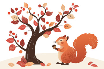 Squirrel with an acorn. Cute squirrel picks an acorn from a tree. Vector illustration of a squirrel and an autumn oak tree.