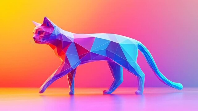 Geometric cat figure, vibrant colors, low poly style, walking pose, gradient background