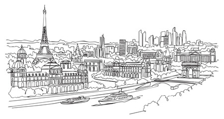paris city cityscape one continuous line drawing vector illustration