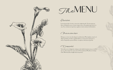 Hand Drawn Menu Template with Calla Lily Flower Elegant Floral Design