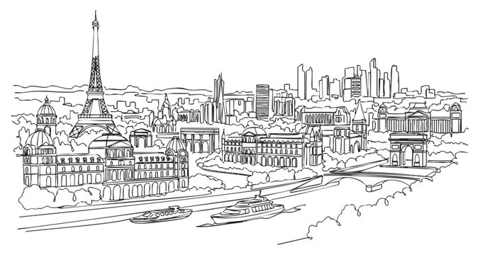 paris city cityscape one continuous line drawing vector illustration