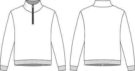 cad drawing flat vector illustration, front and back view half zip sweatshirt with ribbed hem and cuff, fashion technical sketch © Titan