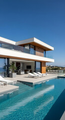 Fototapeta premium Modern summer villa with infinity pool and rooftop terrace view 