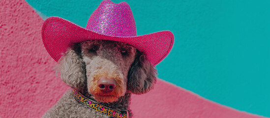 Trendy brown poodle wearing pink glitter cowboy hat vibrant western glam pet fashion pop culture surreal background teal pink stylish humor character dog costume editorial concept y2k aesthetic ad