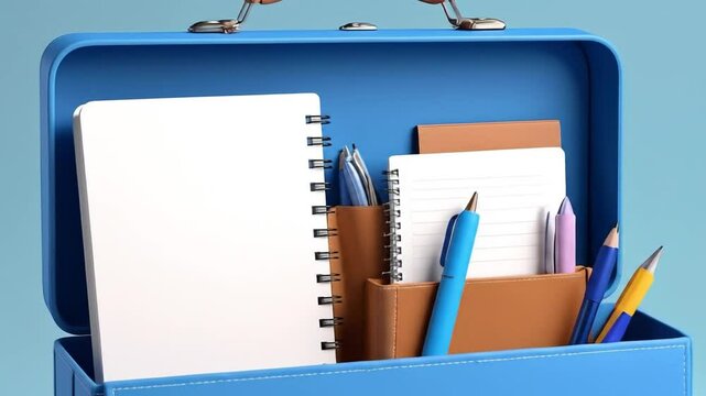 Blue Case With School Supplies On Light Blue Background