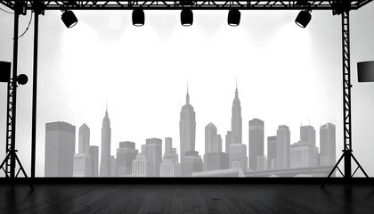 Obraz premium stage city's urban skyline with towering skyscrapers background, a striking black silhouette illustration