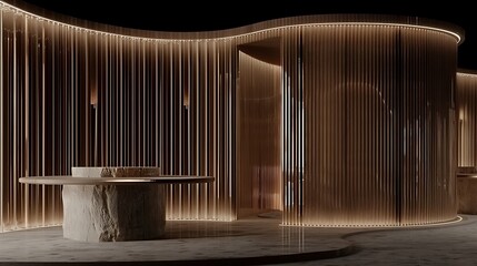 Elegant illuminated architecture with modern stone accents creating a sophisticated interior