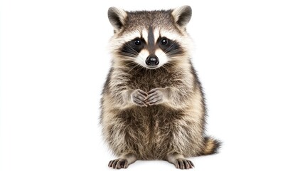 Cute raccoon stands with folded paws, fur textured against a plain white background
