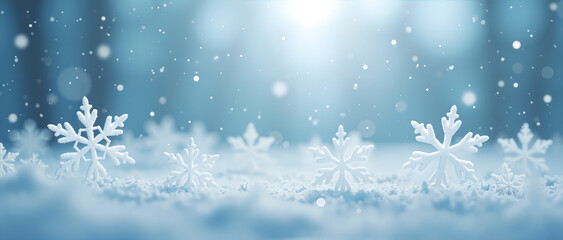 A highly detailed macro view of symmetrical, pristine white snowflakes on a seamless cool blue and white backdrop. Each unique crystal is highlighted by soft, diffused light, creating a serene winter 