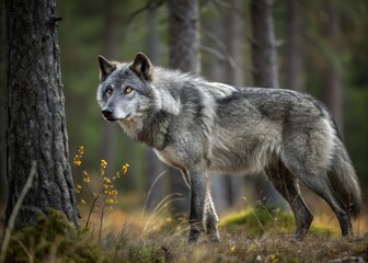 Fototapeta premium Photo of gray wolf standing in a forest looking alert