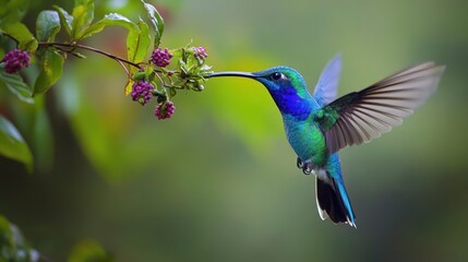 Fototapeta premium Vibrant hummingbird in flight, feasting on flowers