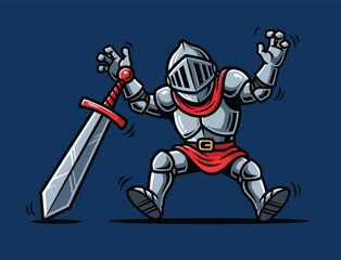 Obraz premium Knight in shining armor standing in fear with sword detailed vector illustration