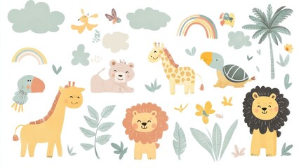 Cute watercolor-style baby animals and plants, isolated on white, arranged artfully