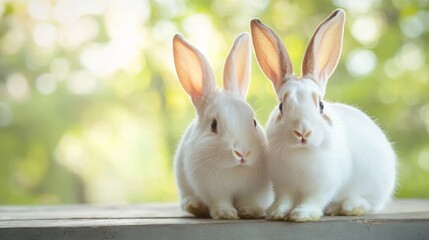 Obraz premium Two white rabbits are cuddled together on a wood surface against a soft green bokeh