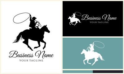 Cowboy roping horse logo design.