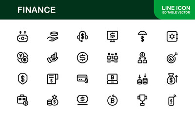 Finance Line Icon Pack &ndash; Clean, Minimal Outline Icons for Investment, Currency, Insurance, Banking, and Economic Business Operations