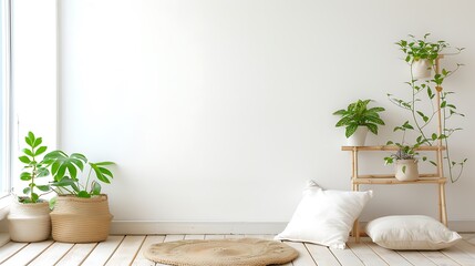 Elegant minimalist home interior with plants, pillows, and a bamboo shelf for serene lifestyle