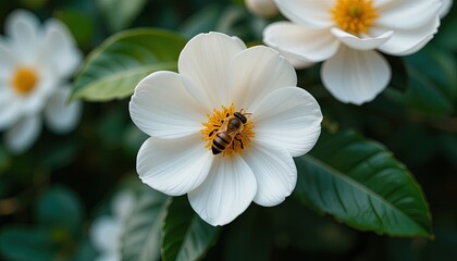 Obraz premium Close-up of a bee on a white flower.