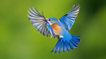 Bluebird in flight, wings spread, against blurred green background, looking at viewer