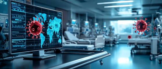 Global spread of pandemic digital map healthcare facility high-tech environment front view covid-19 data visualization