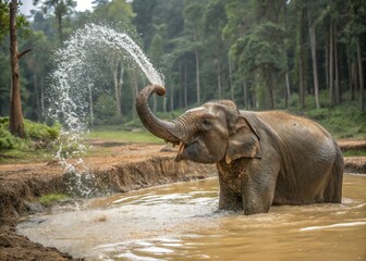 Photo of asian elephant sprays water from its trunk