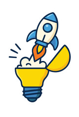 A whimsical vector illustration of a rocket escaping from a lightbulb as if it were a launchpad. Use a playful, cartoon style with bright colors, isolated on a white background