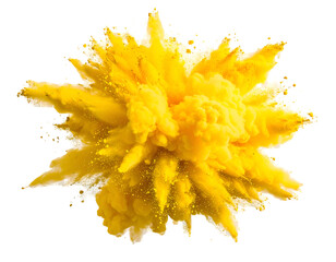A dynamic burst of vibrant yellow powder creates an energetic abstract explosion