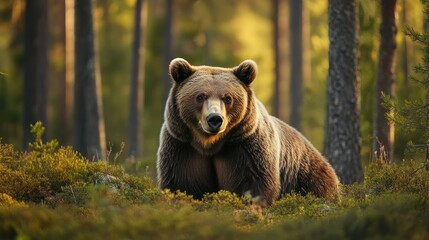 Fototapeta premium Brown bear relaxing in a sun-dappled forest clearing, nature's serene spectacle unfolds