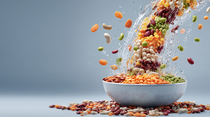 Waterfall of colorful legumes cascading into bowl, surrounded by floating nutrition symbols.