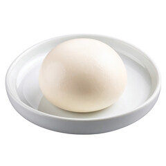 A single smooth, round ball of fresh mozzarella cheese placed on a white ceramic plate.