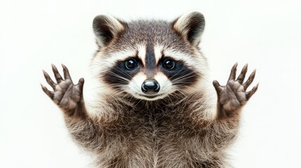 Obraz premium Raccoon with outstretched paws against a white background
