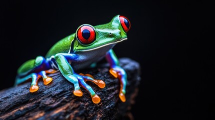 Vibrant red-eyed tree frog perched on wood