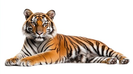 Obraz premium Bengal tiger lying down with orange fur and black stripes against a white background