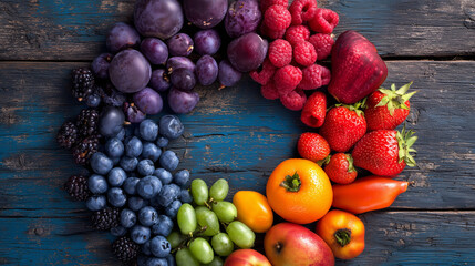 Colorful fruits, berries and vegetables in a circular arrangement, celebrating nature's vibrant bounty
