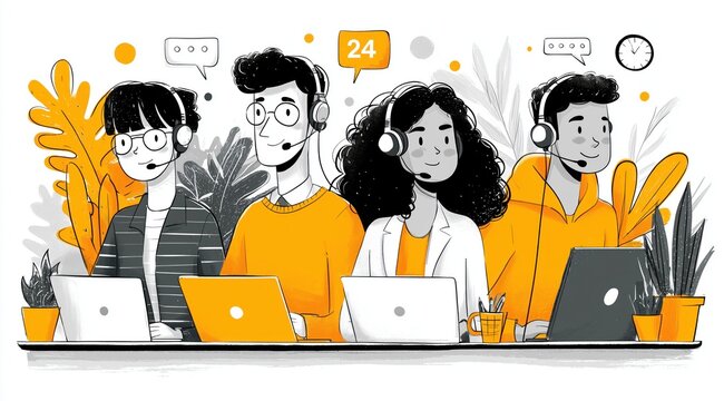 24-Hour Customer Service Team: Dedicated Support with Laptops and Headsets in a Vibrant Office Setting
