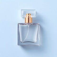 flat lay perfume bottle with greyish blue background