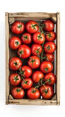 Fresh Red Tomatoes in Wooden Crate, Isolated on White Background, Top View
