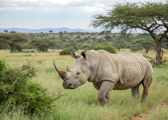 Fototapeta premium Photo of a white rhinoceros walks through the african savanna