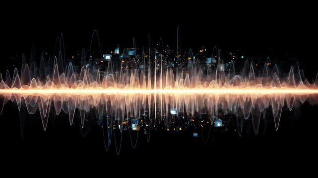 Dynamic Sound Wave Visualization with Digital Data Sparks in Bright Orange and Blue on Black Background