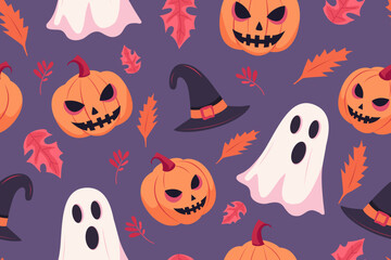 Halloween seamless pattern with pumpkins, ghosts, hats and leaves. Seamless vector pattern for Halloween design. Vector illustration of Halloween seamless pattern for background.