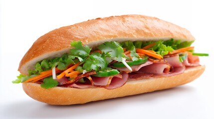 Delicious Ham Banh Mi Sandwich on White Background