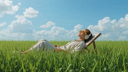 "Relaxing in the Sun: Person on a Sunbed in a Peaceful Field"