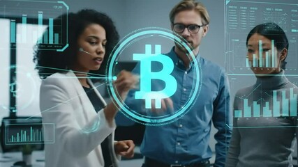 Diverse team analyzing Bitcoin cryptocurrency data with augmented reality interface in modern office - Powered by Adobe