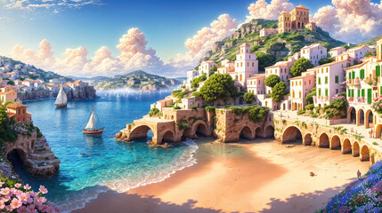 Oil painting of a small town on the Mediterranean Sea, mountains in the background, beautiful summer weather.