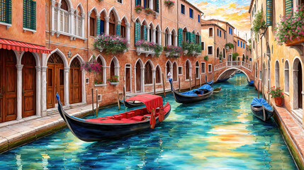 Obraz premium Venice canals with gondolas atmospheric landscape, oil painting style illustration