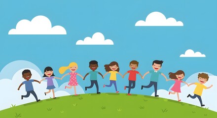 International Day of Friendship Diverse Group of Happy Children Holding Hands and Running on a Hill