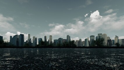 Fototapeta premium A slightly desaturated view of a metropolitan skyline under a dramatic, cloudy sky, with a textured ground in the foreground and sparse greenery. Evokes a classic, slightly moody urban atmosphere.